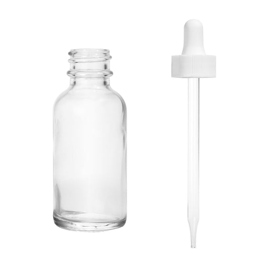 1oz Boston Round Flint + 20-400 White Glass Dropper Assembly  -- (720 Sets per Case)