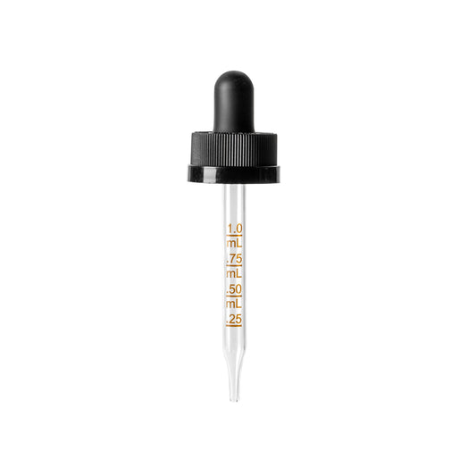 20-400 Black Child-Resistant Graduated Dropper Assembly for 1oz Boston Round (720 Pieces) - Cosmetic Pack
